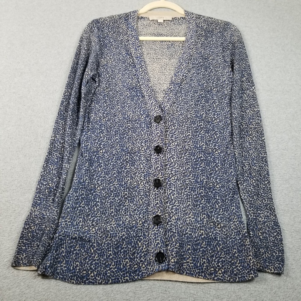 LOFT Cardigan Sweater Womens Small Blue Beige Animal Print Button Up See Through